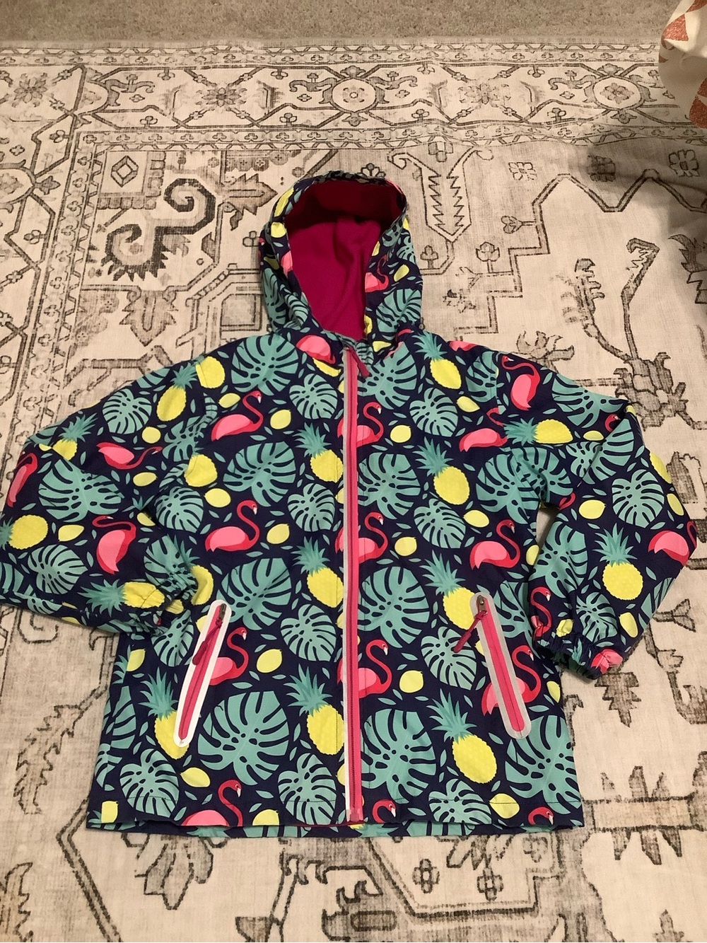 Kids Hooded Tropical Raincoat - Navy with Pink Flamingos & Yellow Pineapples